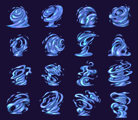 Vfx tornado game cartoon storm effect. Magic tornado swirl with sparkle and glow, fantasy magic wind funnel. Vector magic swirl and energy effect of magic vortex effect illustrationのイラスト素材
