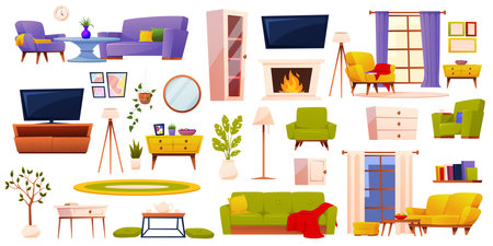 Living room interior set. Comfy modern workplace and lounge extensive collection isolated. Vector illustration EPS10のイラスト素材