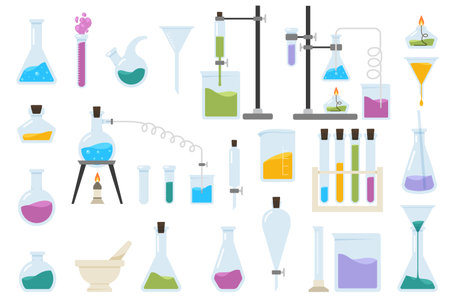 Set of Chemistry lab and diagrammatic icons showing assorted experiments. Discovery and chemistry symbol.のイラスト素材