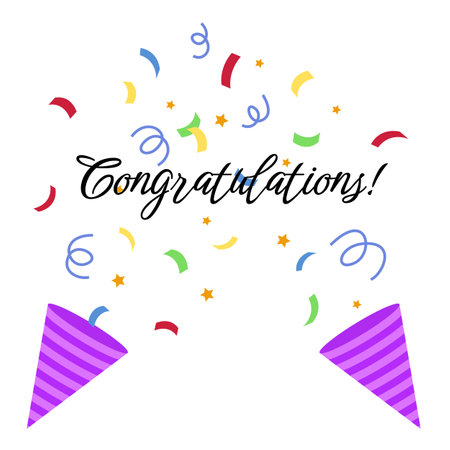 Cute party popper confetti. Congratulations confetti banner. Congrats card with color confetti.のイラスト素材