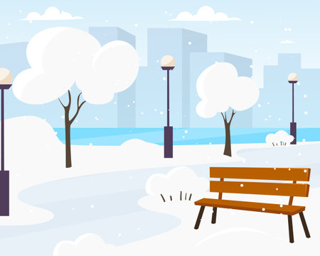 Winter town landscape vector graphic illustration. Winter city park with snow and city silhouette. Bench in winter city park, winter holidays conceptのイラスト素材