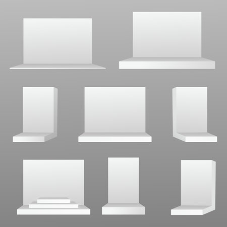 Exhibition stand. White empty advertising stand with desk. Trade Show Booths Mockup with Demonstrations Tables. Scene show Podium for presentations.のイラスト素材
