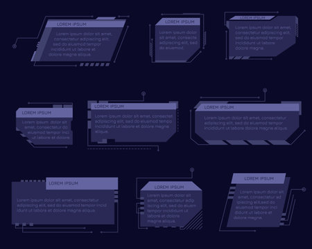 Hud callout titles. Futuristic text boxes, digital callouts bar labels. Digital futuristic infochart for visualization objects. Interface elements HUD, UI, GUI.のイラスト素材