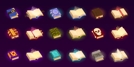 Open and closed magic books of spells. Fantasy alchemy grimoires, closed and open wizard diary with mysterious glow and sparks. Witchcraft game ancient volumes with esoteric recipesのイラスト素材