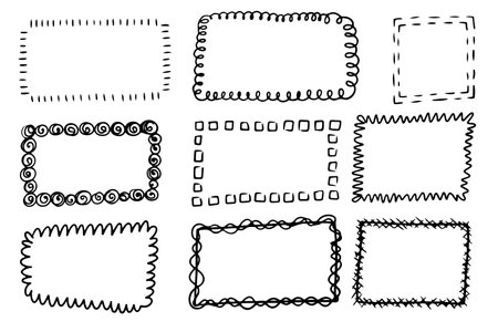 Hand drawn doodle frames set. Square vector picture border frames. Vintage doodle sketch picture frame. Doodle sketch style.のイラスト素材