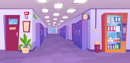 School hallway interior. University corridor interior design with classroom doors, lockers for students, vending machine with snacks. Education concept.のイラスト素材