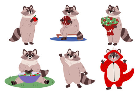 Cute cartoon raccoon set. Raccoon with Dexterous Front Paws and Ringed Tail. Emotion little raccoon. Cartoon animal character design.のイラスト素材