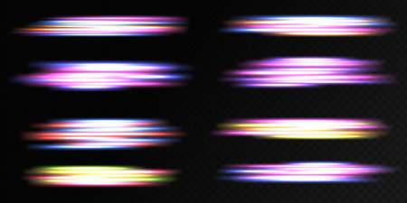 Futuristic neon light line trails. High speed effect motion blur night lights. Light everyday glowing effect. Abstract neon speed glowing wavy lines.のイラスト素材