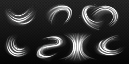 Set of water swirls with bubbles isolated. Light effect with bubbles and sparkles shine. Vector realistic illustration of shampoo, washing detergent foam vortexのイラスト素材
