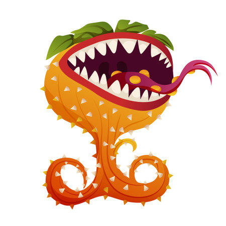 Cartoon carnivorous plant. Flytrap or flower predator. Angry flowers with teeth. Fantasy scary flowerのイラスト素材