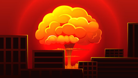 Atomic bomb in city. Symbol of nuclear war. Nuclear explosion. Huge mushroom cloudのイラスト素材
