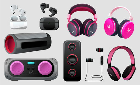 Electronics elements isolated set. Headphones, Wired and Wireless Earphones, Audio Equipment for Music Listening. Portable music columnのイラスト素材