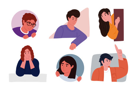 Curious suspicious people peeking, looking out. Men and women peeping, staring, smiling cartoon characters collection. Interested characters hiding behind walls, peeping, wondering, sneaking.のイラスト素材