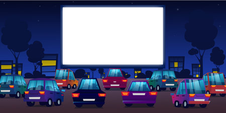 Outdoor cinema, drive-in movie theater with cars on open air parking. Drive-in cinema. Vector cartoon night city with glowing white blank screen and automobiles.のイラスト素材