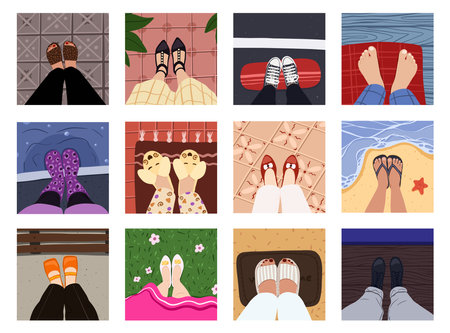 Travel blogger legs selfie. Feet in different places like home, beach, street, coworking, cafe, bathroom. Top view. Vector illustration EPS10のイラスト素材