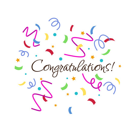 Congratulations paper confetti sign. Congratulations confetti banner. Congrats card with color confetti, congratulation lettering bannerのイラスト素材