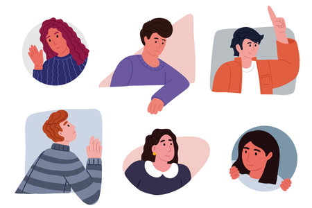 Curious suspicious people peeking, looking out. Men and women peeping, staring, smiling cartoon characters collection. Interested characters hiding behind walls, peeping, wondering, sneaking.のイラスト素材