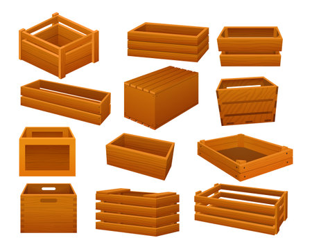 Cartoon wooden containers. Delivery containers, empty wood boxes and parcels, packed shipping crates isolated vector illustration set.のイラスト素材