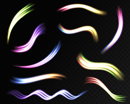 Futuristic neon light line trails. High speed effect motion blur night lights. Glowing wave swirl, impulse cable lines. Glowing speed lines. Light shining effect.のイラスト素材