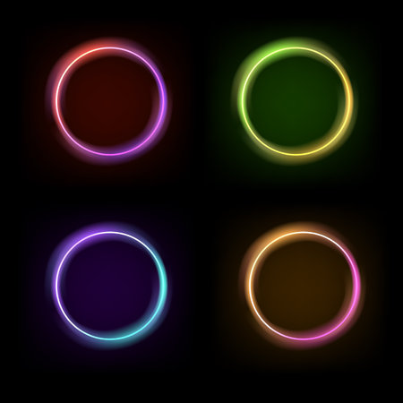 Neon swirl. Curve line light effect. Glow circles with sparkles, magic light effect. Magic circle vector. Light round frame. Rounded neon line with light effect. Energy flow tunnel.のイラスト素材