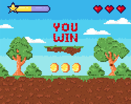 Pixel art game win background. Retro 8 bit video game interface with You Win text, computer game level up background. Win screenのイラスト素材