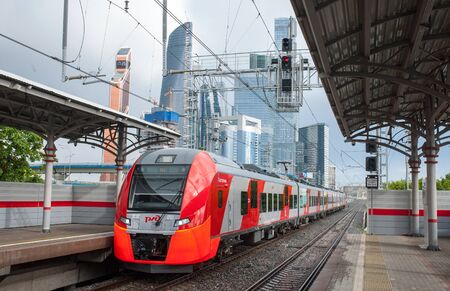MOSCOW, RUSSIA - June, 22, 2017 Electric train Lastochka at the Shelepikha station of the Moscow...