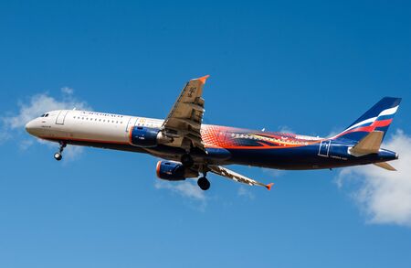 SHEREMETYEVO, MOSCOW REGION, RUSSIA - June 28, 2017: Airbus A321 of Aeroflot Airlines in the livery in the symbolism of the Manchester United Football Club makes a landing at Sheremetyevo International Airport.のeditorial素材