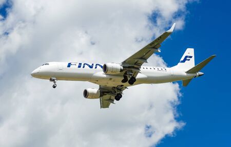 SHEREMETYEVO, MOSCOW REGION, RUSSIA - June 28, 2017: Embraer ERJ-190LR of Finnair Airlines makes a landing at Sheremetyevo International Airport.のeditorial素材