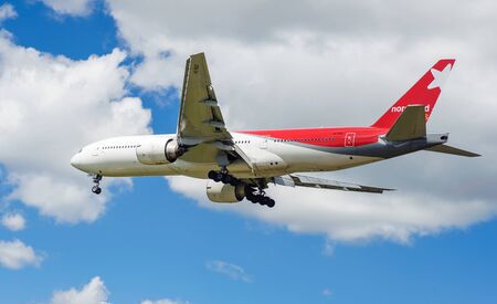 SHEREMETYEVO, MOSCOW REGION, RUSSIA - June 28, 2017: Boeing 777-200 of Nordwind Airlines makes a landing at Sheremetyevo International Airport.のeditorial素材