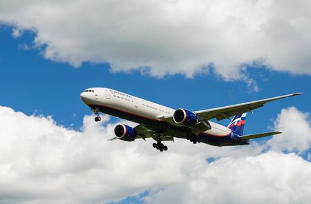 SHEREMETYEVO, MOSCOW REGION, RUSSIA - June 28, 2017: Boeing 777-300ER of Aeroflot Airlines makes a landing at Sheremetyevo International Airport.のeditorial素材