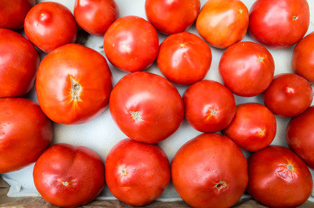 red tomatoes on the counter of the storeの写真素材