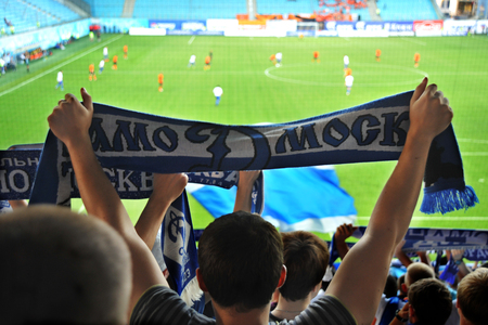 09 August 2012 Russia Moscow Fans on the podium during a football match between FC Dynamo and Dundee United F.C.のeditorial素材