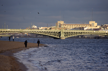 Waves on the Neva River and Trinity Bridge in St. Petersburg.の写真素材