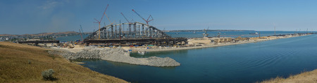 KERCH, RUSSIA, JULY 15, 2017: construction of a bridge with road and rail passages across the Kerch Strait, which will connect the Taman Peninsula and the Crimea.のeditorial素材