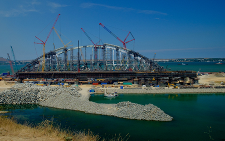 KERCH, RUSSIA, JULY 15, 2017: construction of a bridge with road and rail passages across the Kerch Strait, which will connect the Taman Peninsula and the Crimea.の写真素材