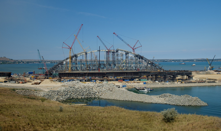 KERCH, RUSSIA, JULY 15, 2017: construction of a bridge with road and rail passages across the Kerch Strait, which will connect the Taman Peninsula and the Crimea.のeditorial素材