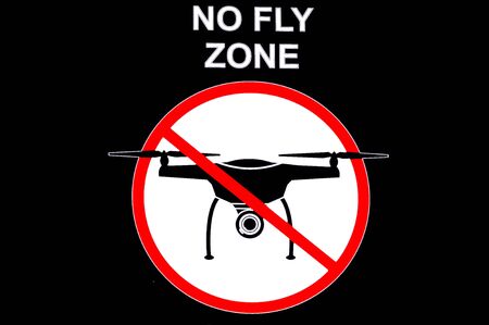 Signboard NO FLY ZONE  with a picture of a dithered droning.の写真素材