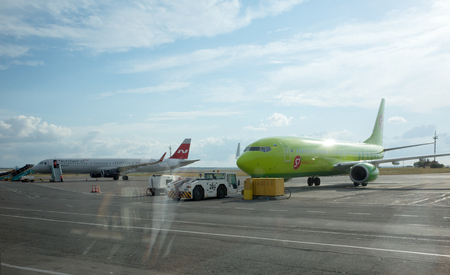 SIMFEROPOL, RUSSIA, JULY 28, 2017 SIMFEROPOL, RUSSIA, JULY 28, 2017 Boeing 737-8 S7 airlines and Airbus A321-200 Nordwind Airlines at the International Airport of Simferopol.のeditorial素材