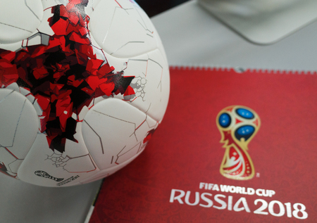 September 14, 2017. Moscow, Russia Official ball of the 2018 FIFA World Cup Adidas Krasava and a calendar with the symbols of the World Cup 2018のeditorial素材