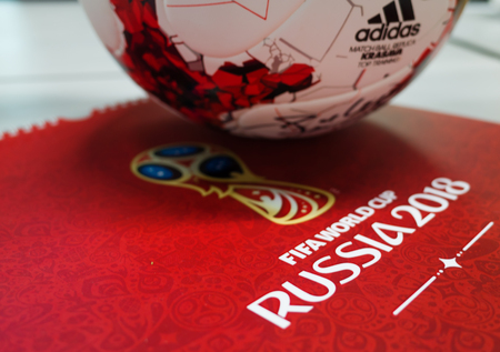 September 14, 2017. Moscow, Russia Official ball of the 2018 FIFA World Cup Adidas Krasava and a calendar with the symbols of the World Cup 2018のeditorial素材