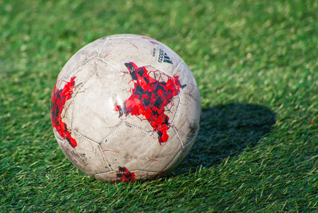 September 16, 2017, Moscow, Russia The official ball of the FIFA World Cup 2018 on the green field.のeditorial素材
