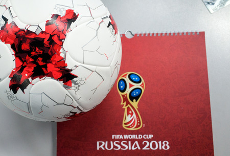 September 14, 2017. Moscow, Russia Official ball of the 2018 FIFA World Cup Adidas Krasava and a calendar with the symbols of the World Cup 2018のeditorial素材