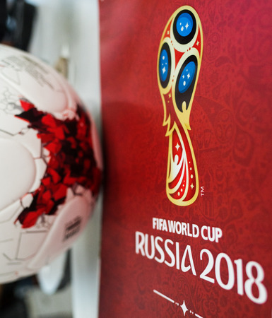 September 14, 2017. Moscow, Russia Official ball of the 2018 FIFA World Cup Adidas Krasava and a calendar with the symbols of the World Cup 2018のeditorial素材