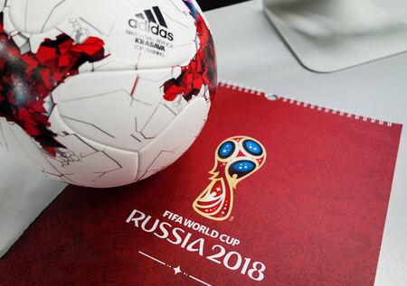 September 14, 2017. Moscow, Russia Official ball of the 2018 FIFA World Cup Krasava and a calendar with the symbols of the World Cup 2018のeditorial素材