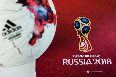 September 14, 2017. Moscow, Russia Official ball of the 2018 FIFA World Cup Adidas Krasava and a calendar with the symbols of the World Cup 2018のeditorial素材