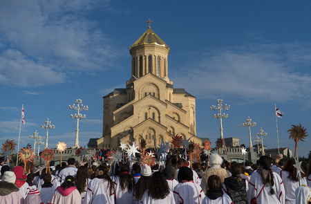 January 7, 2014. Tbilisi, Georgia. The participants of the Christmas procession Alilo near Sameba...