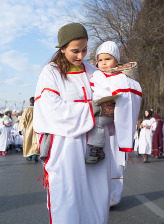 January 7, 2014. Tbilisi, Georgia. The participants of the Christmas procession Alilo on one of the streets in Tbilisi.のeditorial素材