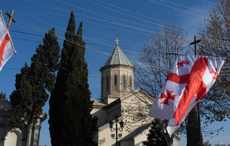 National flags of Georgia during the festive procession Alilo in Tbilisi.