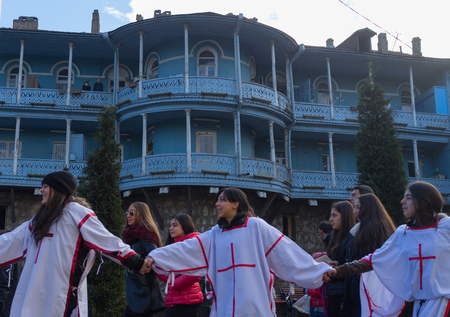 January 7, 2014. Tbilisi, Georgia. The participants of the Christmas procession Alilo on one of the streets in Tbilisi.のeditorial素材