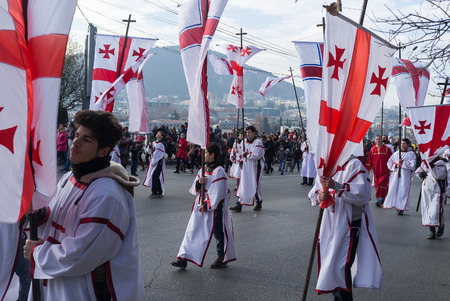 January 7, 2014. Tbilisi, Georgia. The participants of the Christmas procession Alilo on one of the streets in Tbilisi.のeditorial素材
